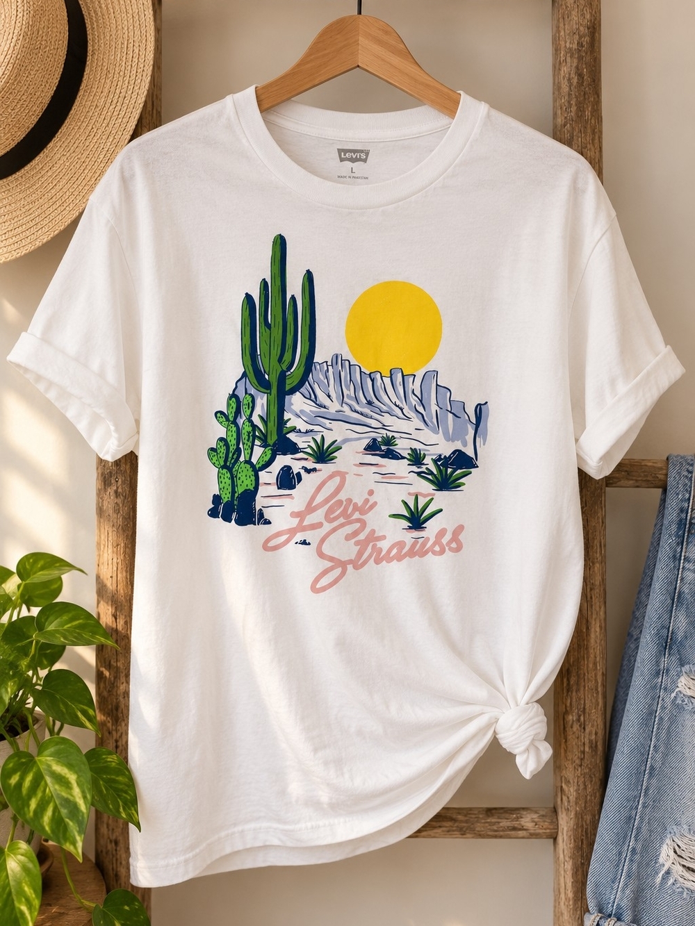 Levi Strauss White Desert Graphic Tee with Yellow Sun